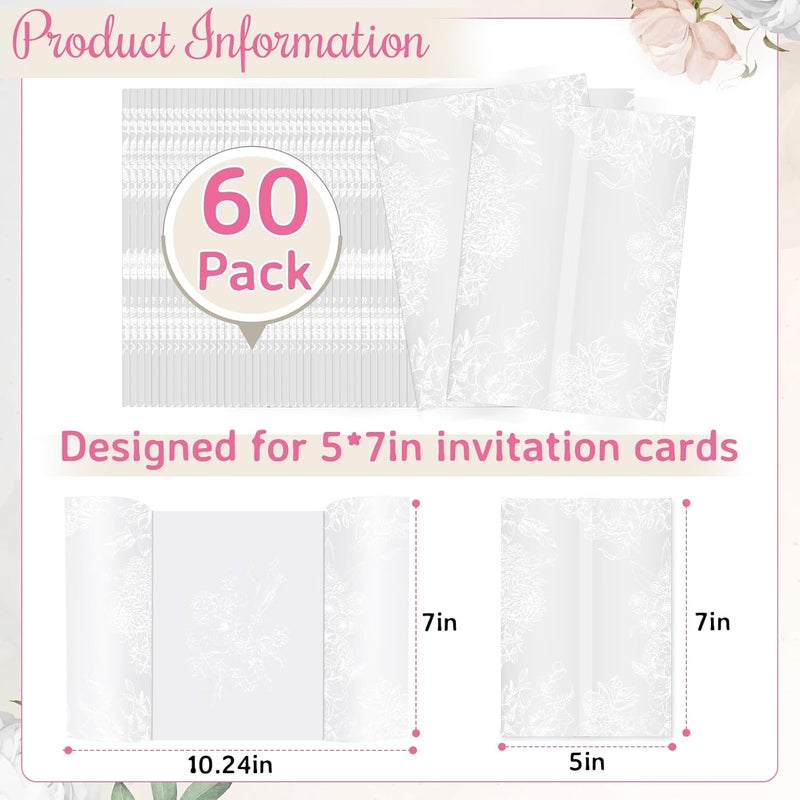 TINYAT 60 Sheets Pre-Folded Vellum Jackets for 5x7 Invitations,White Floral Vellum Paper 5x7 Jackets,Translucent Invitation Sleeve Wraps Floral Paper Envelope Liners for Wedding Baby Shower Invitations Cards - Image 2